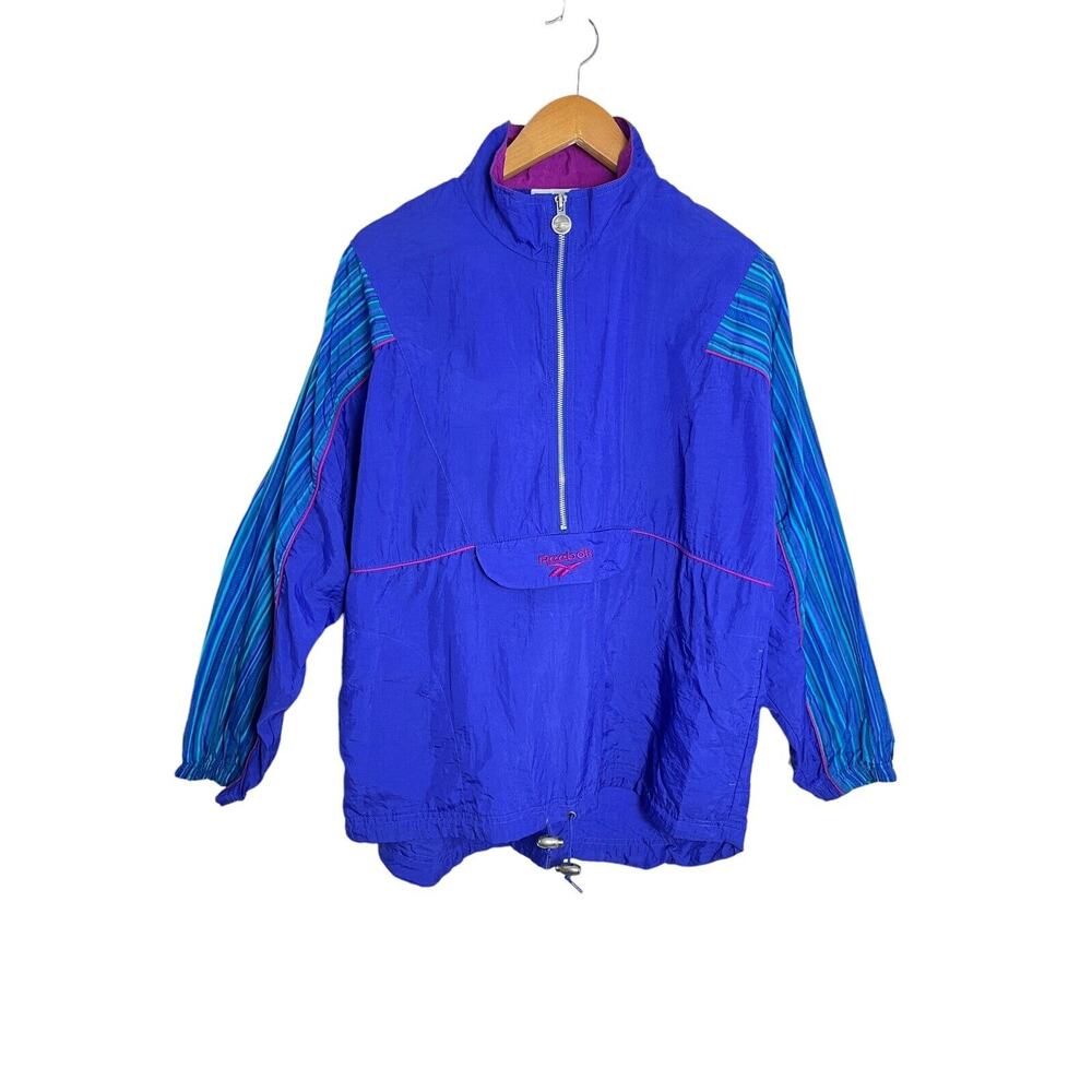 Vintage Reebok Pullover Windbreaker 1/2 Zip Womens Med. Color Block Blue/Maroon